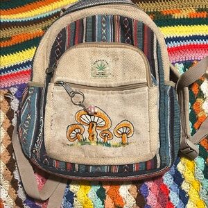 Himalayan Hemp Beige Mushroom Embroidered Boho Backpack